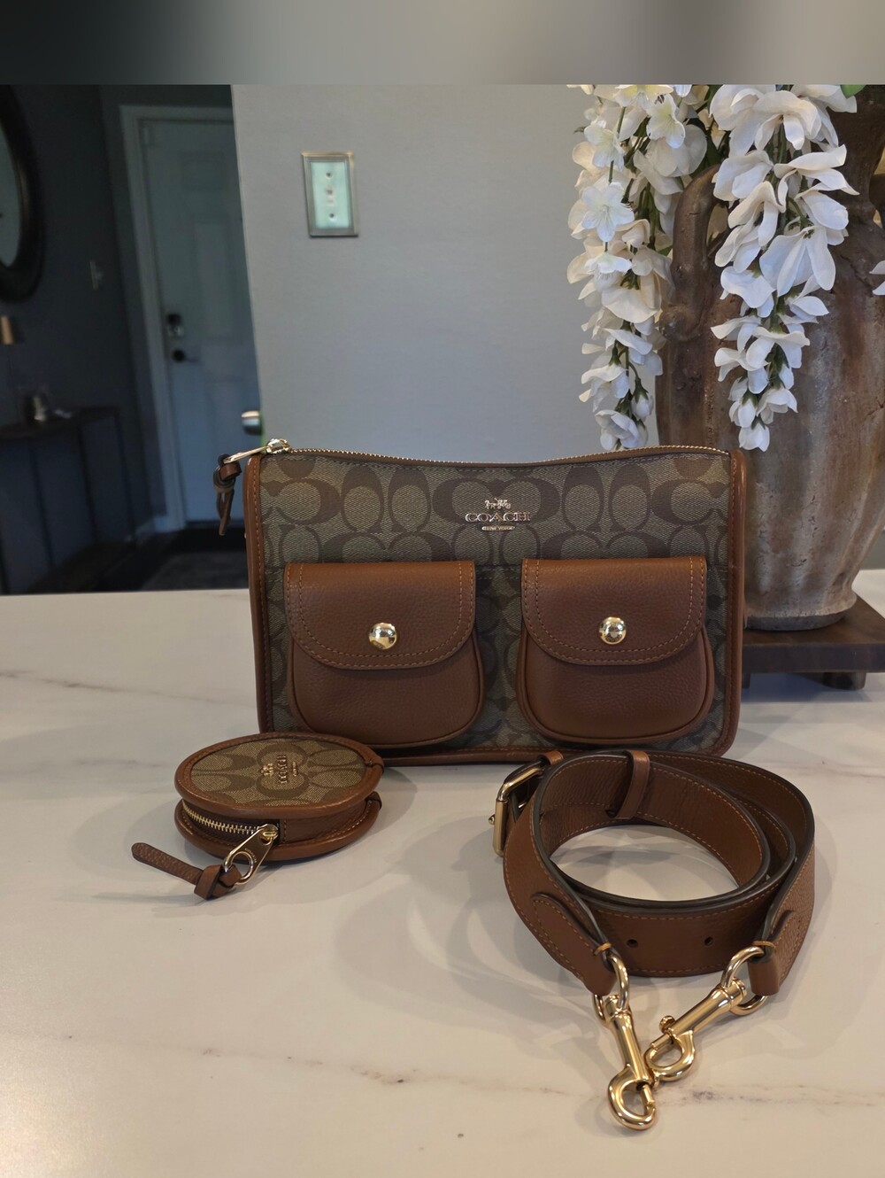Coach Signature Canvas Crossbody with Brown Leather Trim